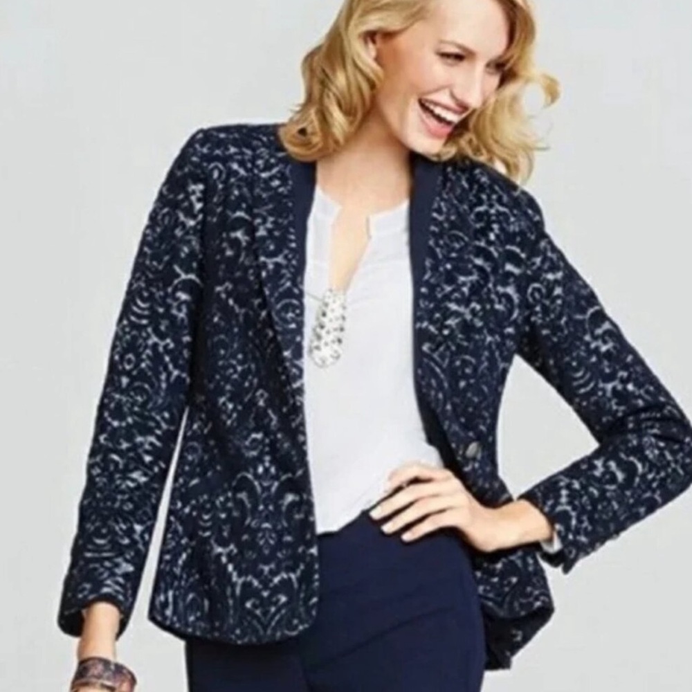 CAbi nvy & gry velvt burnout lined Blzr w tuxedo notch collar SZ 6 Whimsigoth